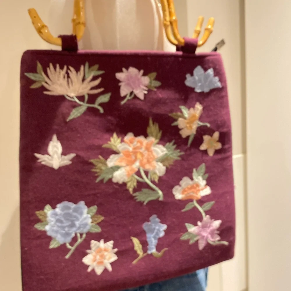 Embroidered Floral Tote with Bamboo Handles - Plum
